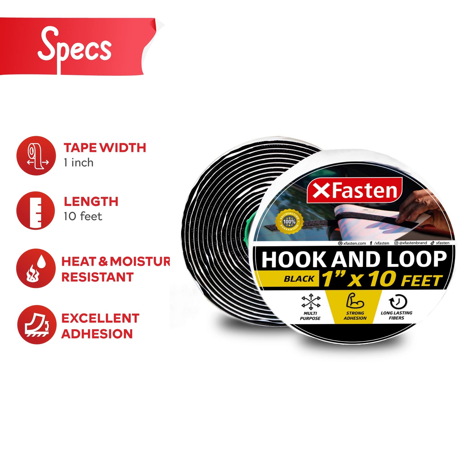 XFasten Black Hook and Loop Tape 1 inch x 10ft Hook Loop Roll Fabric Strips w...