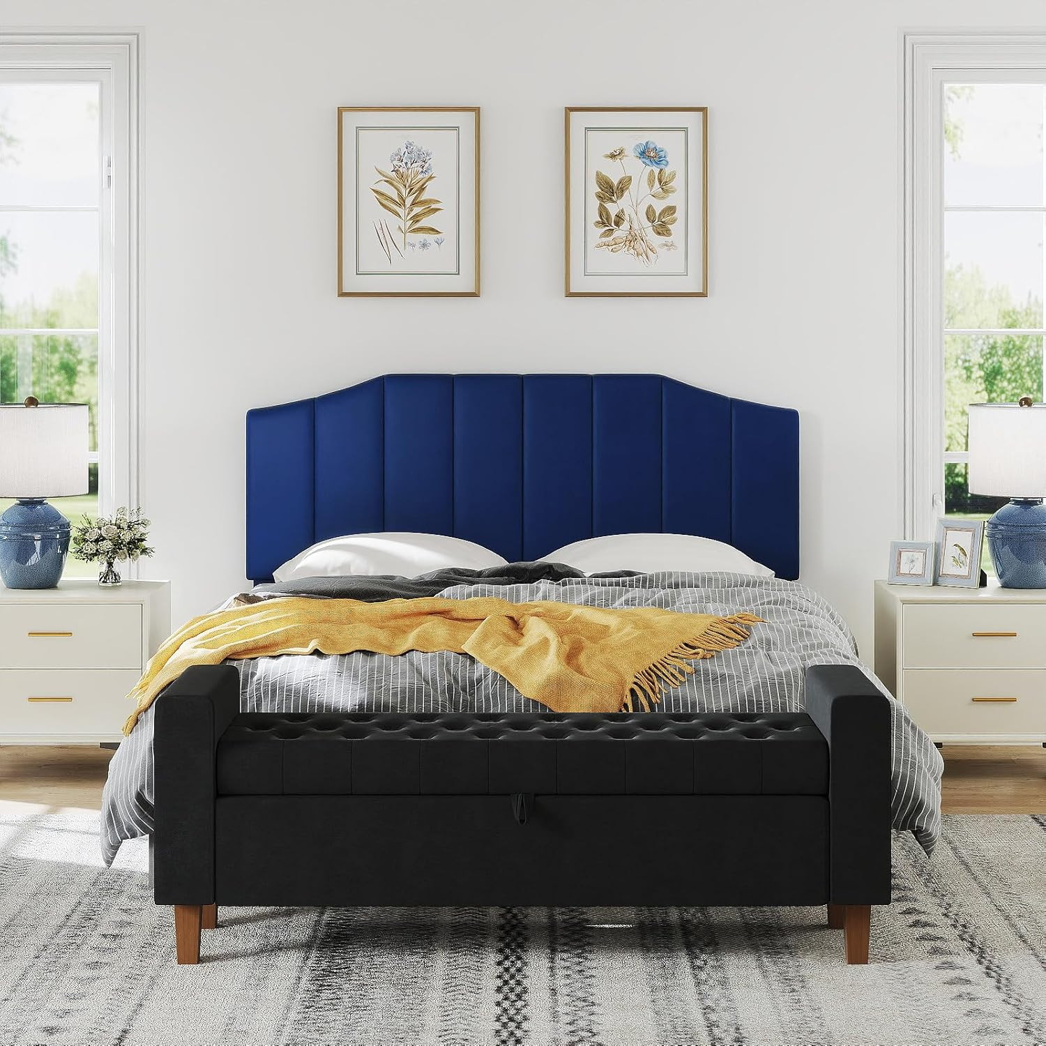 Navy Blue Velvet Queen Size Headboard with Easy Assembly and Luxury Comfort