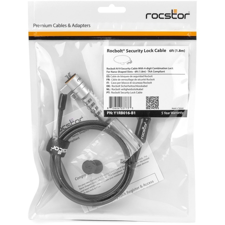 Rocstor Rocbolt N19 Security Cable, 4-digit Combination Lock For Nano-Shaped Slo