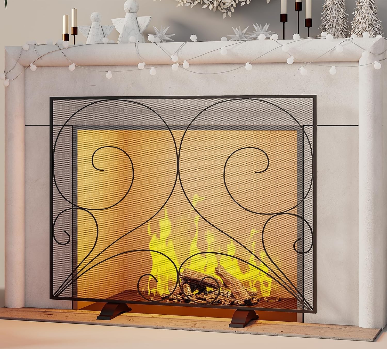 Fire Beauty Single Panel Fireplace Screen Wrought Iron Mesh, Handcrafted
