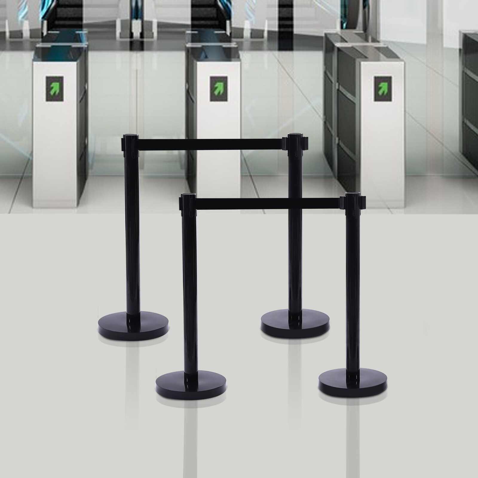 4pcs Stanchion Post Crowd Control 2 Retractable Belts, With Rubber Ring Base