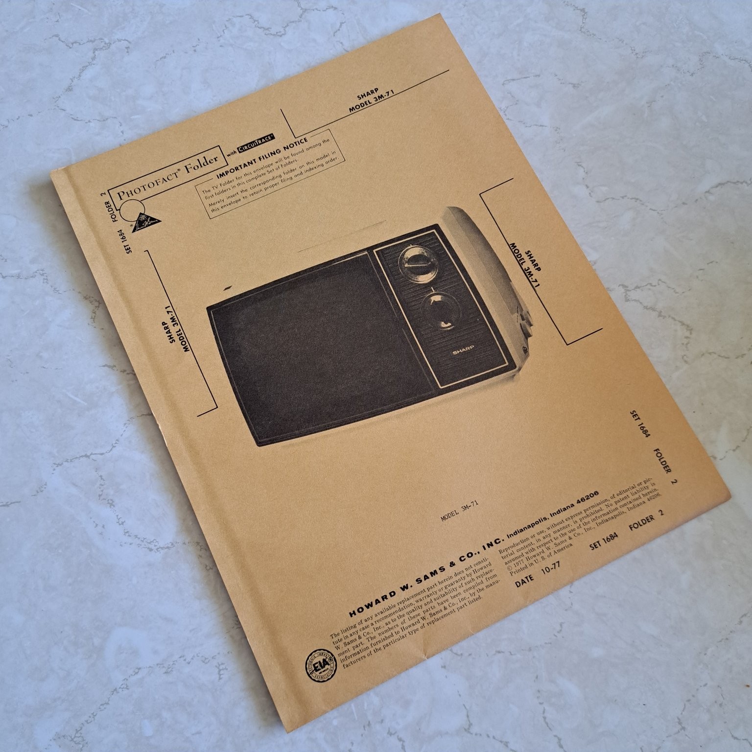 SHARP Manual 3M-71 1977 Photofact Folder Illustrated Schematics