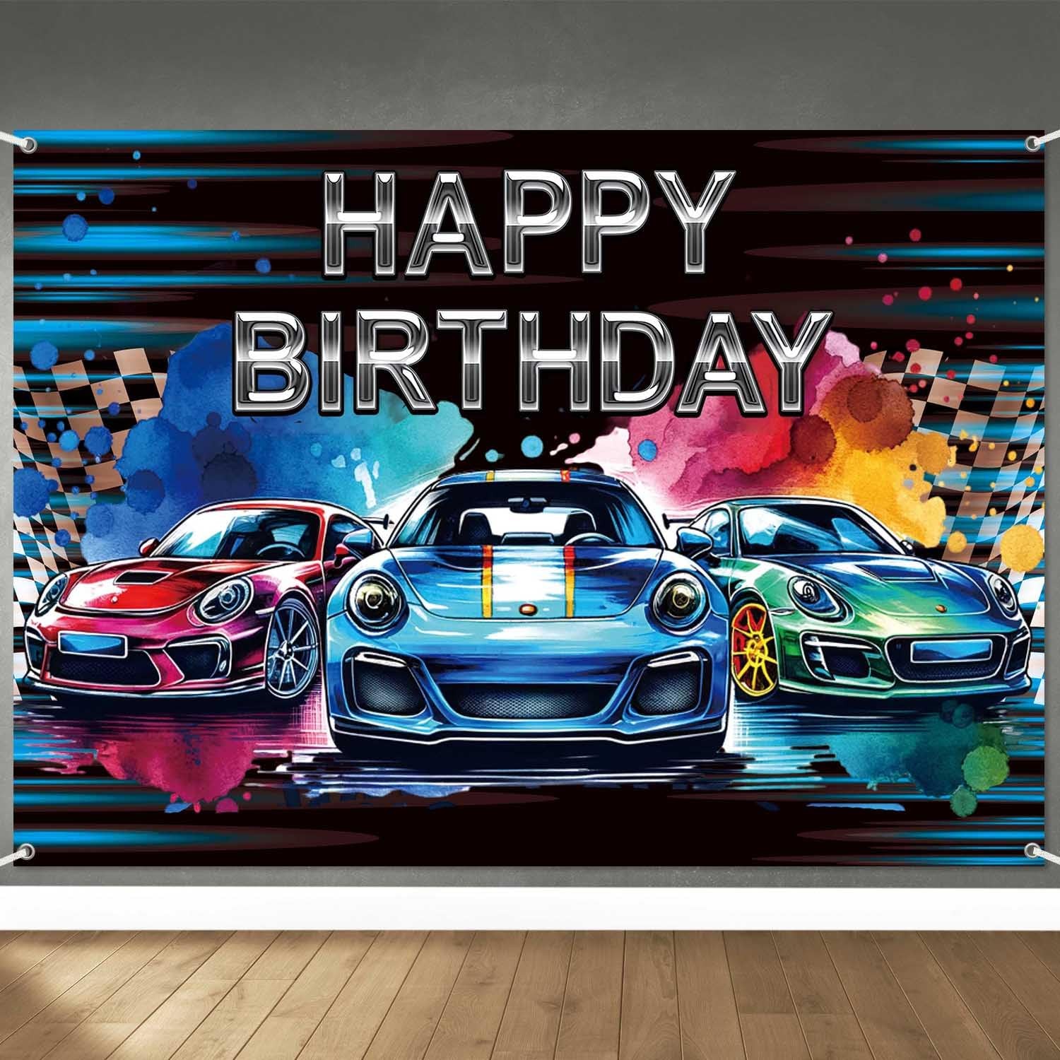 Ldwlyw 8X6Ft Car Happy Birthday Banner Backdrop Racing Car Birthday Party