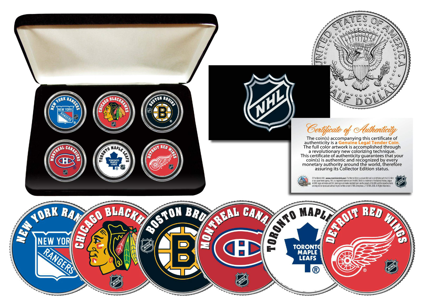 THE ORIGINAL SIX NHL TEAMS Colorized JFK Half Dollars US 6-Coin Set in Gift Box