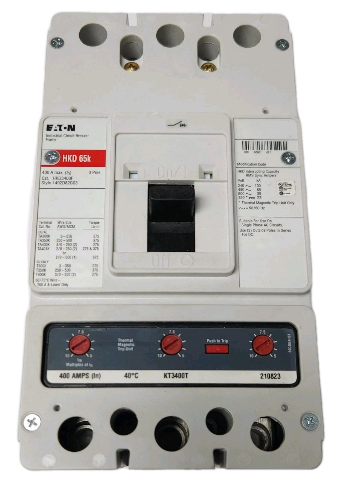 EATON CUTLER HAMMER HKD3400 3 Pole 400 AMP Type HKD Circuit Breaker
