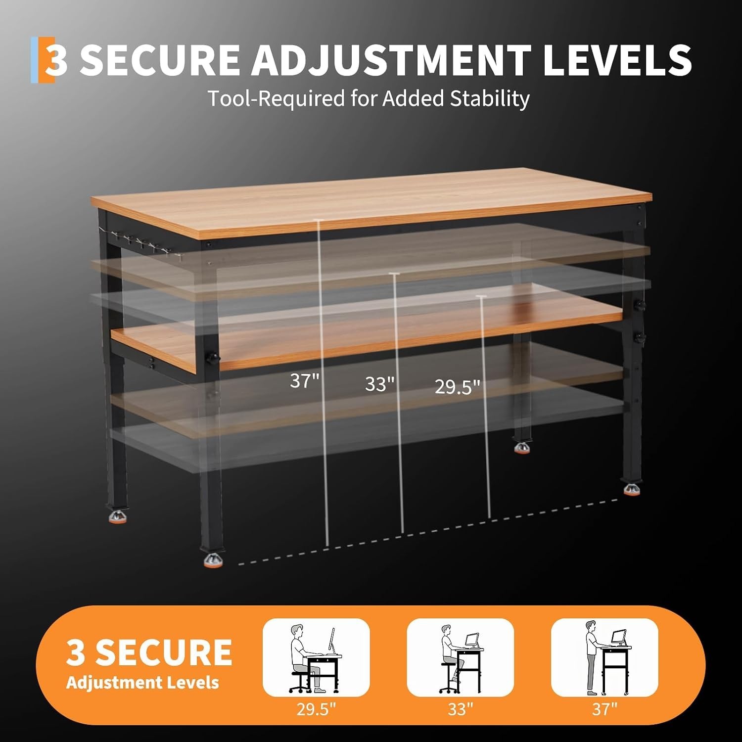 60" Work Bench Adjustable Height Workbench with Storage Shelf and Power Outlet