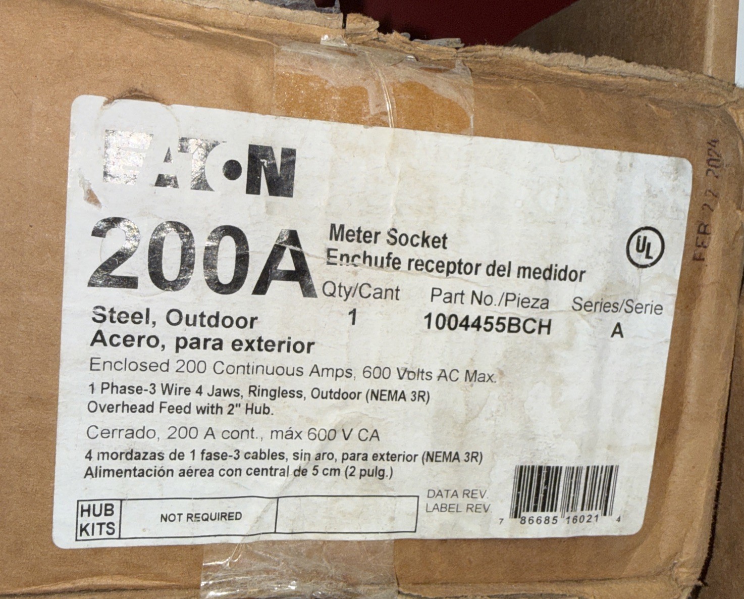 EATON - 1004455BCH- 200A Ringless METER SOCKET - OH/UG - 600V 4-JAW (NEW in BOX)