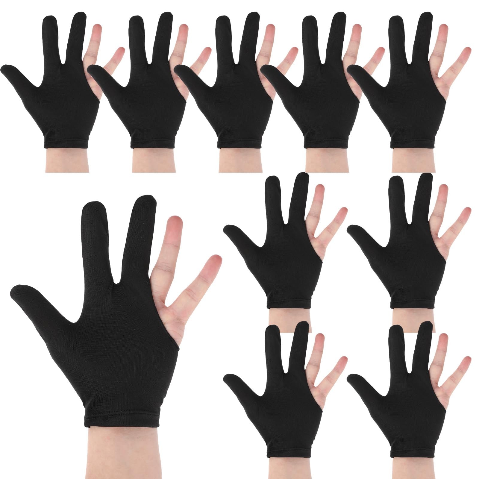 10 Pack 3-Fingers Billiard Gloves Breathable Nylon Table Pool Gloves