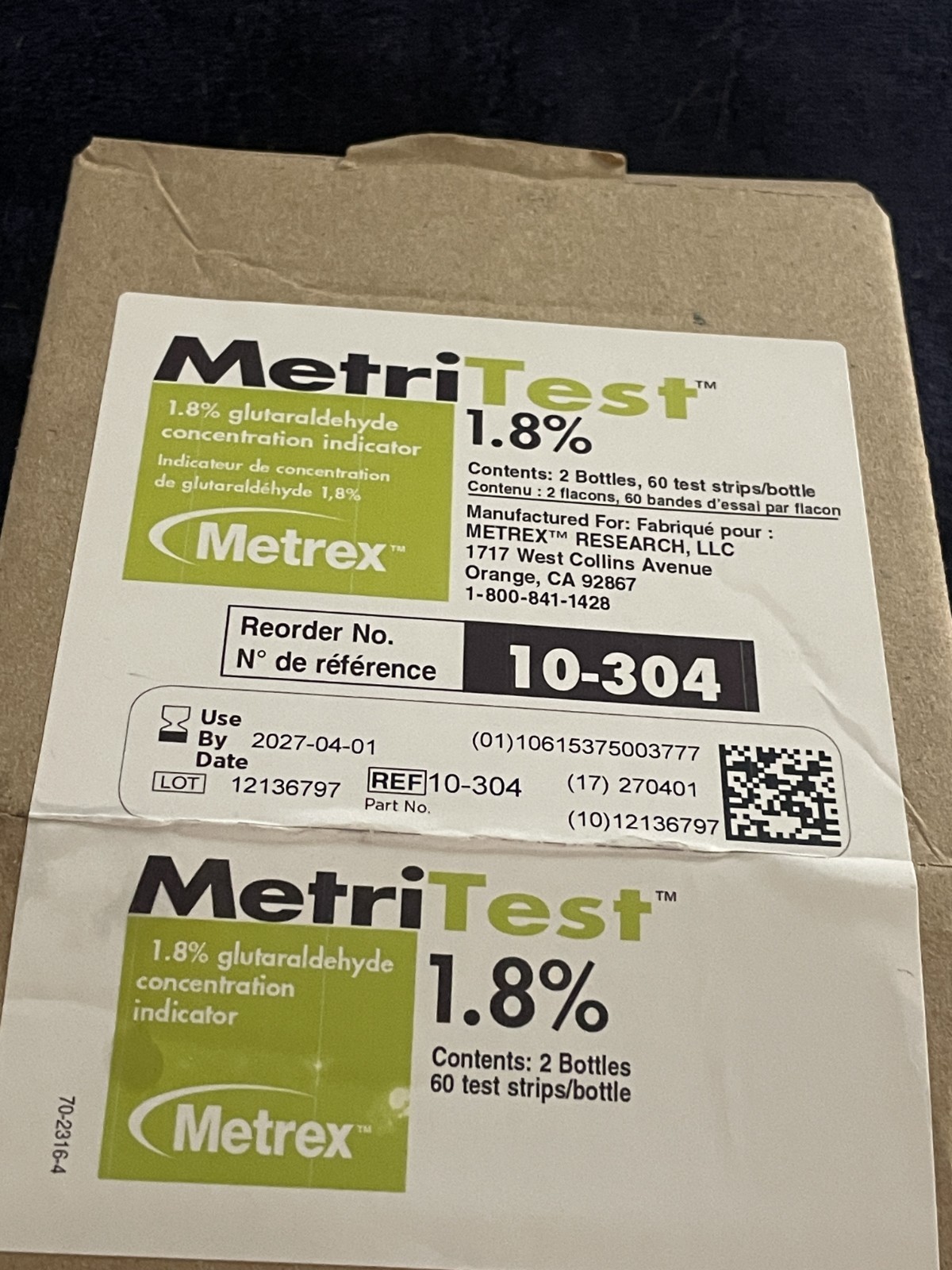 MetriTest 1.8% Glutaraldehyde Concentration Indicator 60 Test Strips Exp 2027