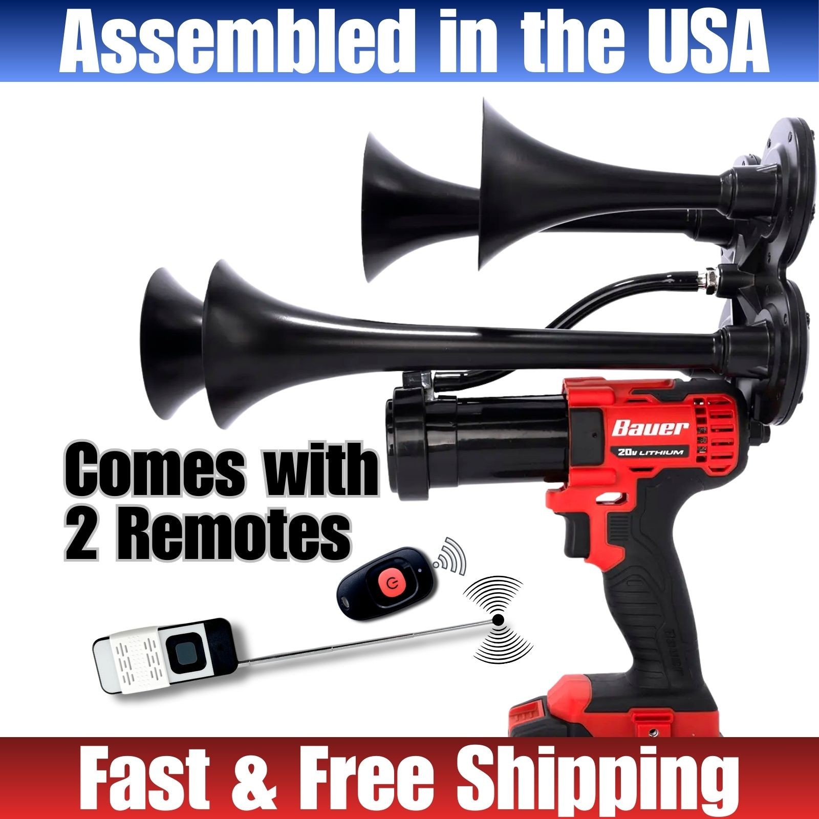 Bauer 20V Train Air Horn Quad Metal Air Horn Standard & Extended Remote Control