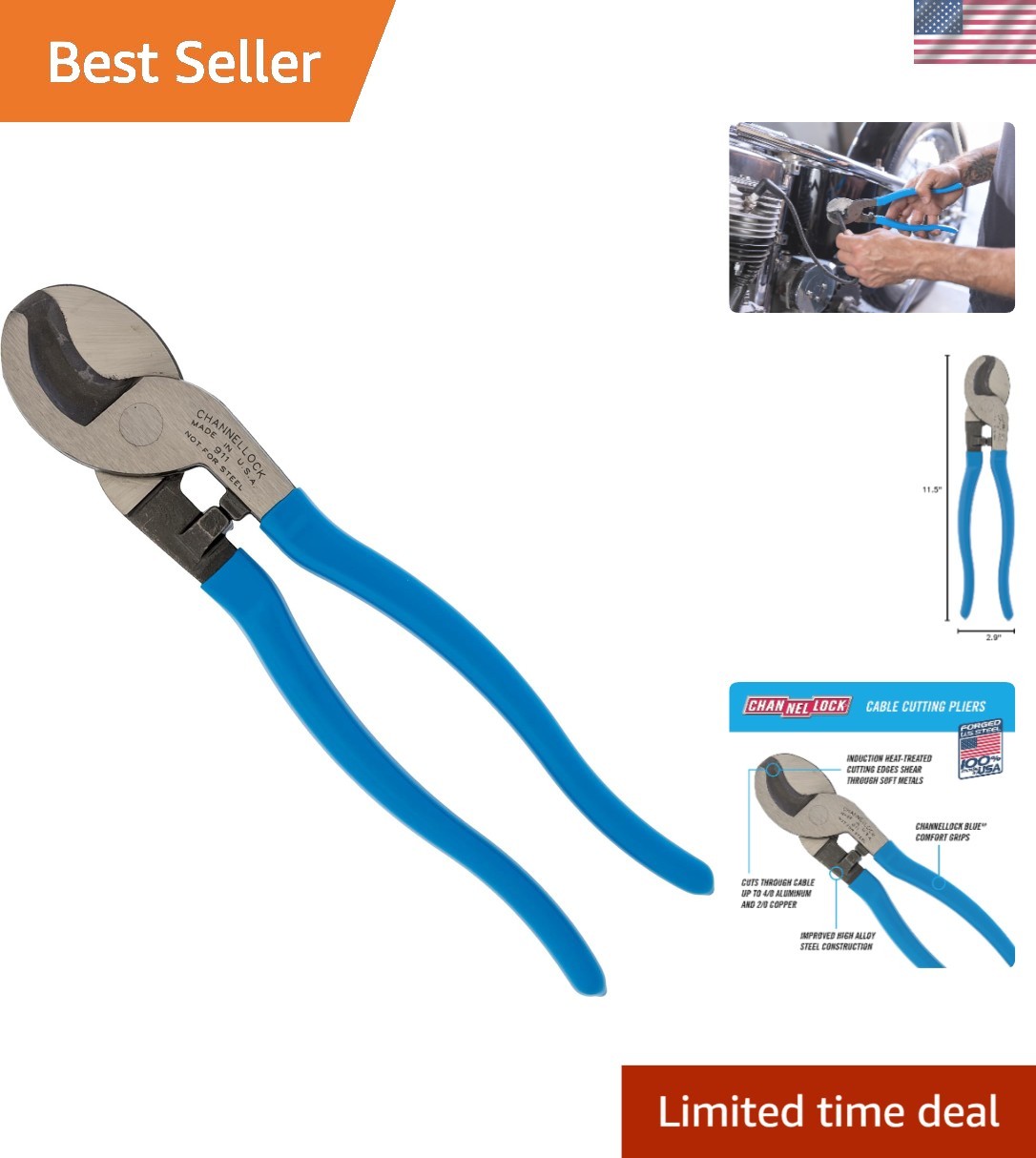 9.5 In Shear Cut Cable Cutter - Ergonomic Design for Clean Cuts, Made in USA