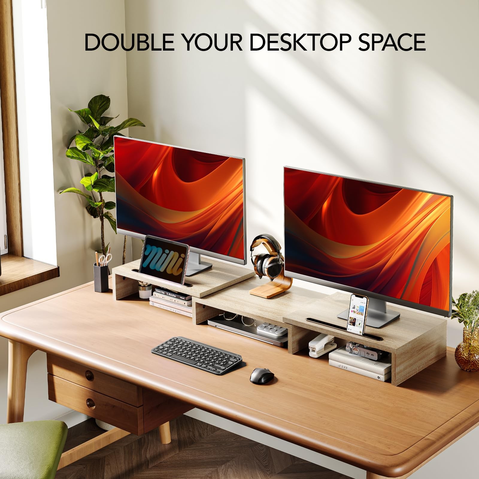 AMERIERGO Dual Monitor Stand Riser- 3 Shelf Screen with Adjustable Length and