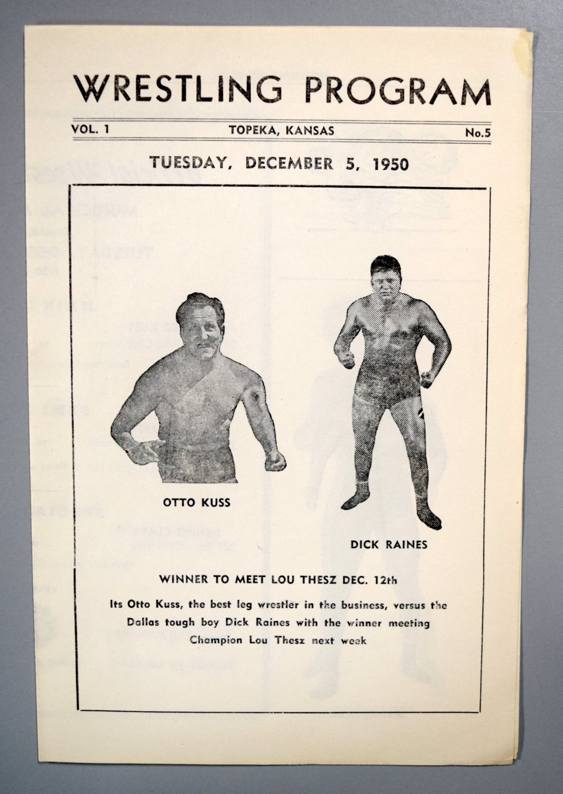 Otto Kuss vs "Tuffy" Dick Rainers December 5th 1950 Official Wrestling Program