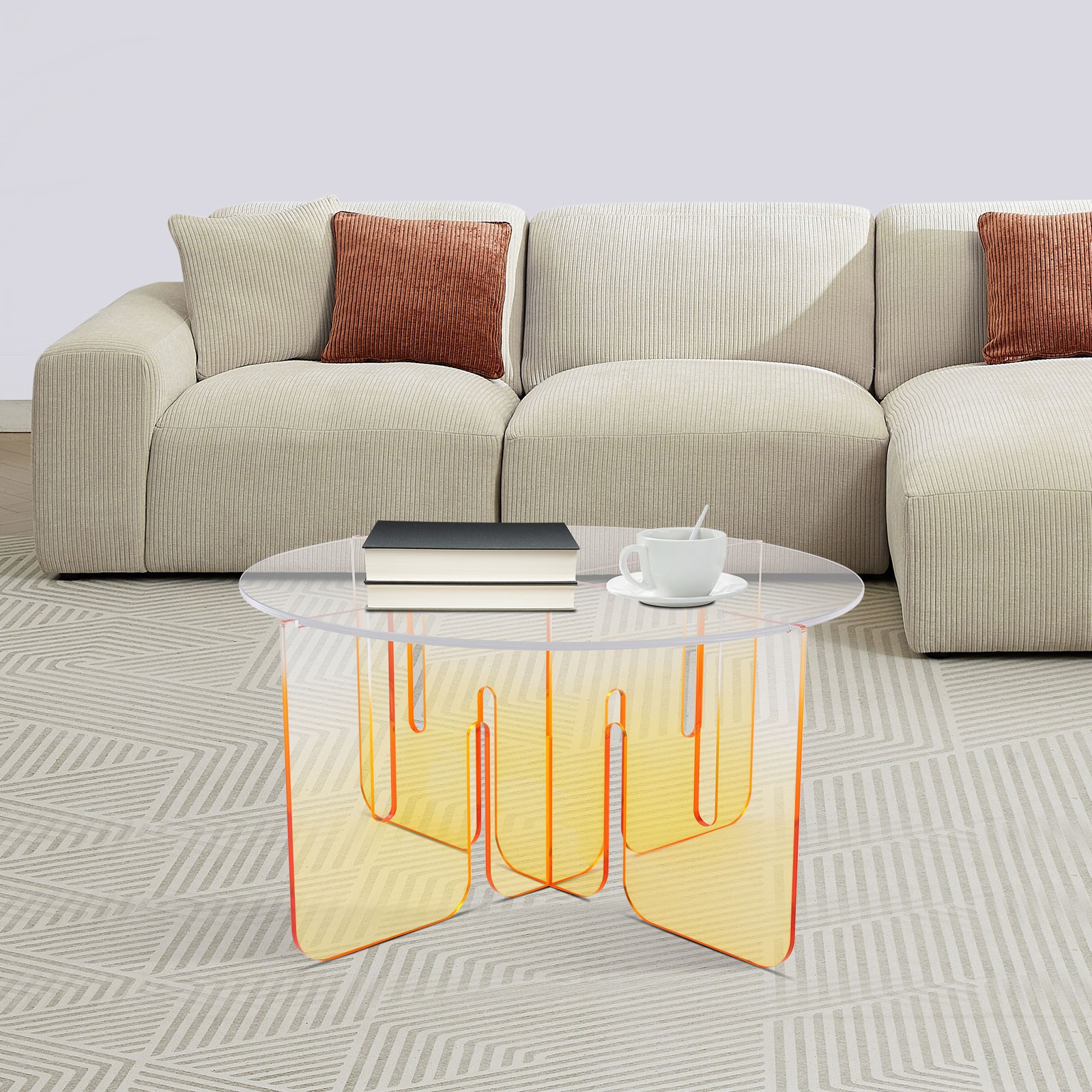 Round Acrylic Coffee Table Gradient Orange Modern Coffee Table with Clear Round