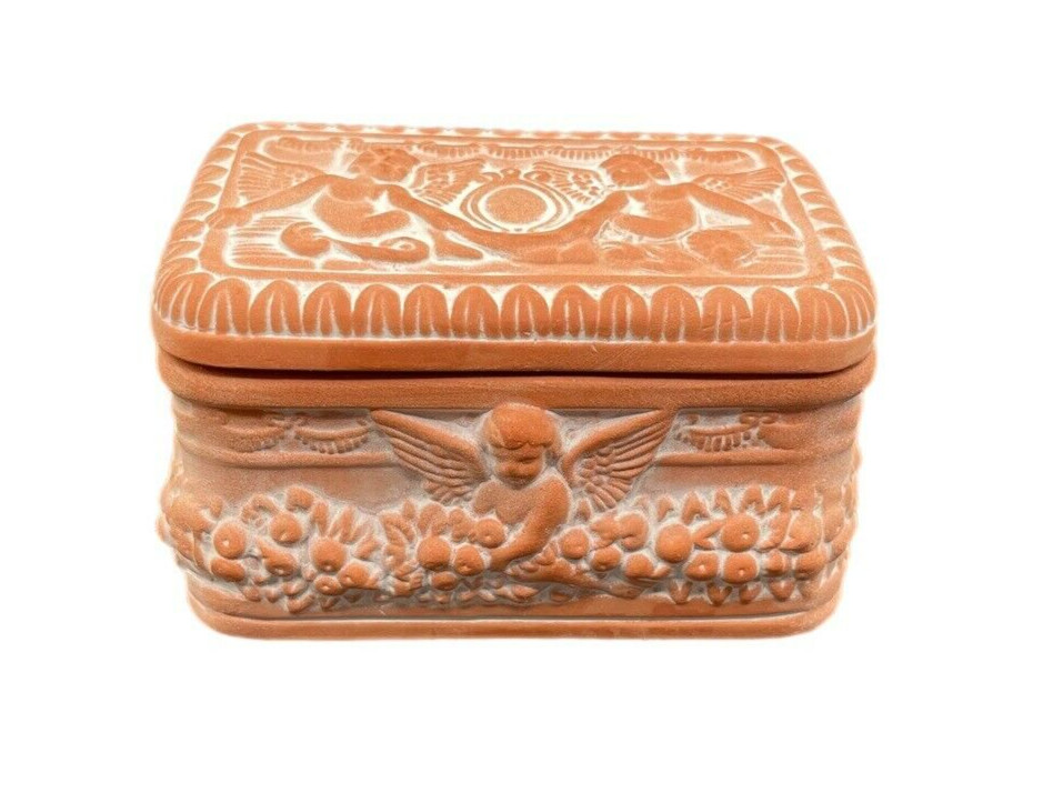 Terracotta Raised Relief Cherub Angel Trinket Box