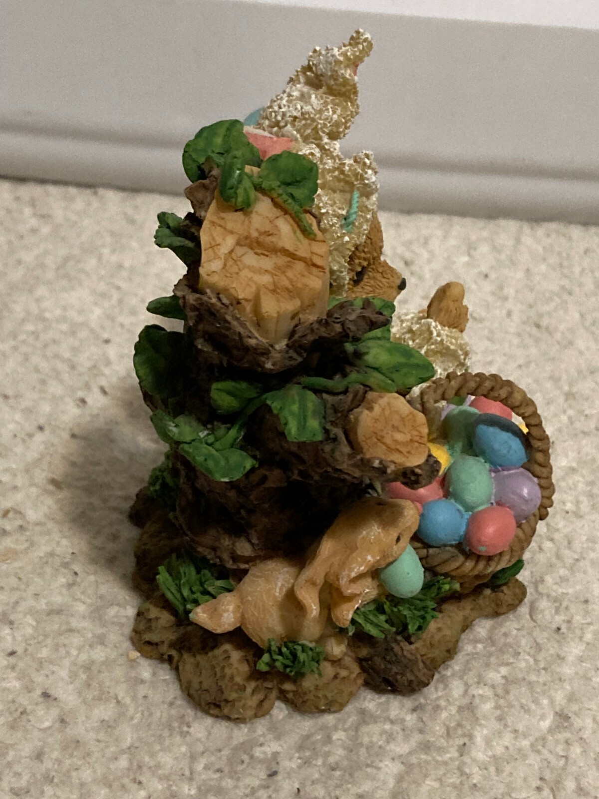 Anthropomorphic Ceramic Bear as Easter Bunny Figurine w/ Easter Egg Basket
