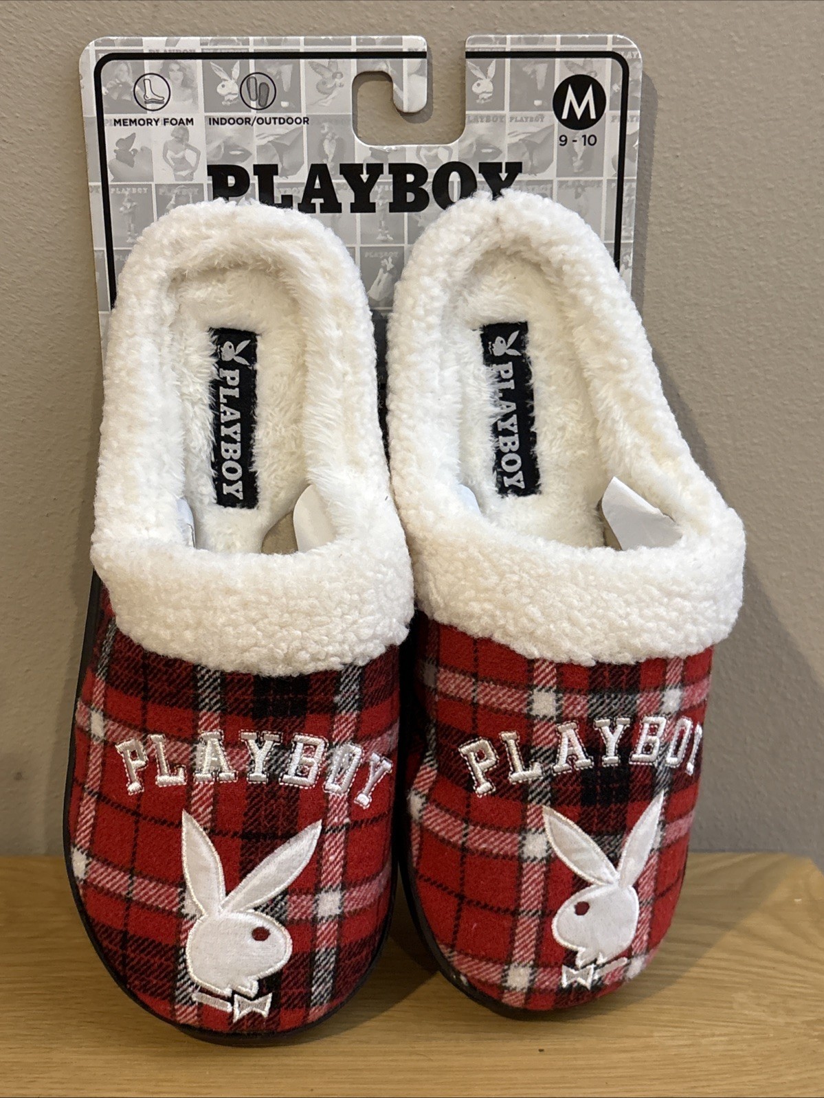 Playboy Bunny Logo Memory Foam Slip On Slippers Red Plaid Men's Sz XL 13-14 NEW