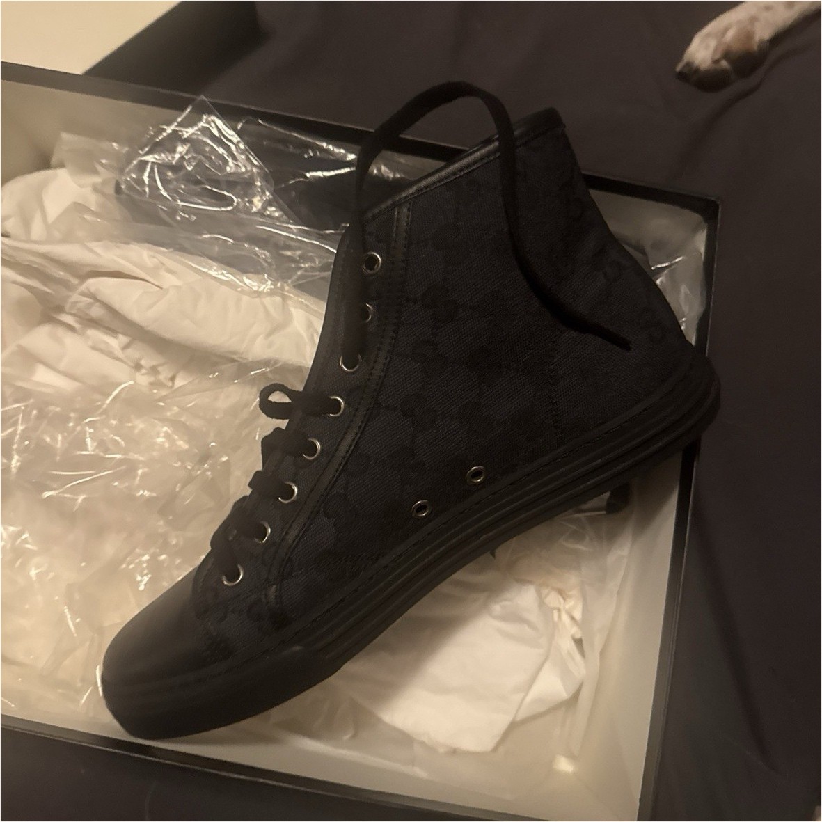 Gucci GG Black Canvas High Top Sneakers Men's 9.5 Logo Lace Up Casual