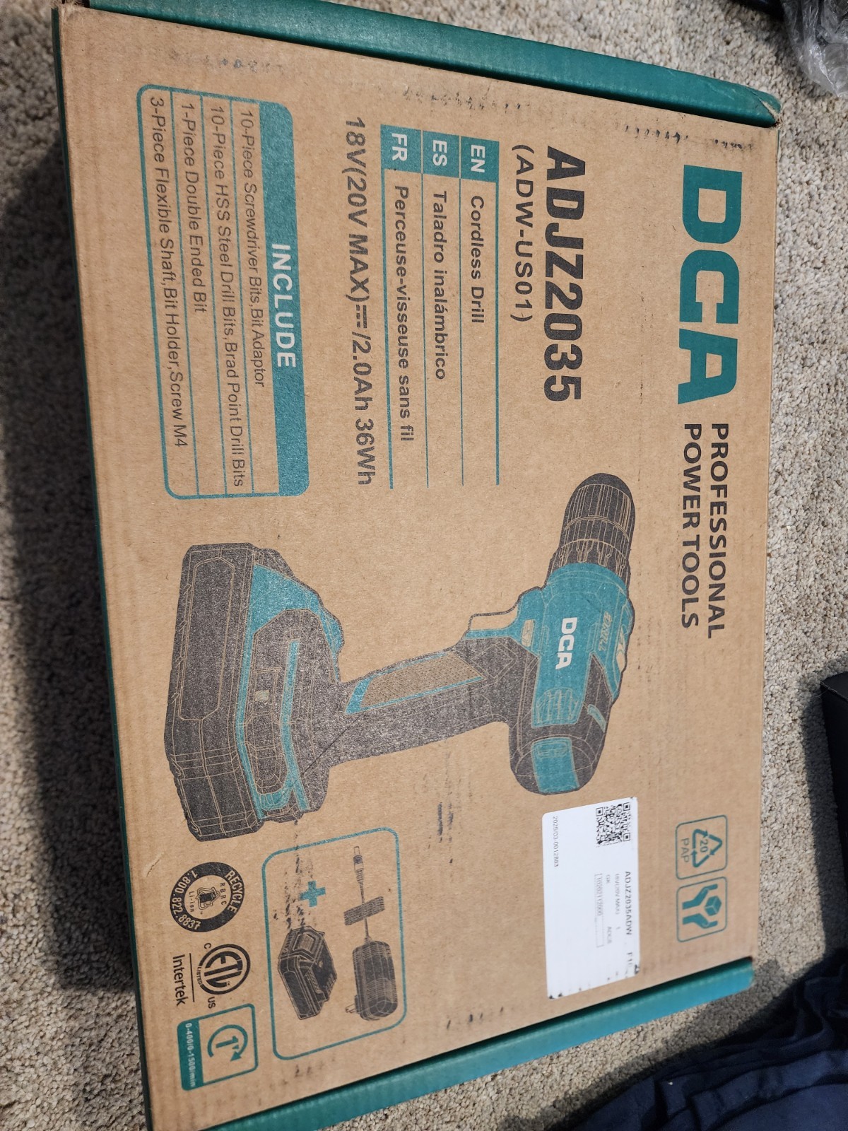 DCA ADJZ2035 20V Cordless Drill Set. New Open Box