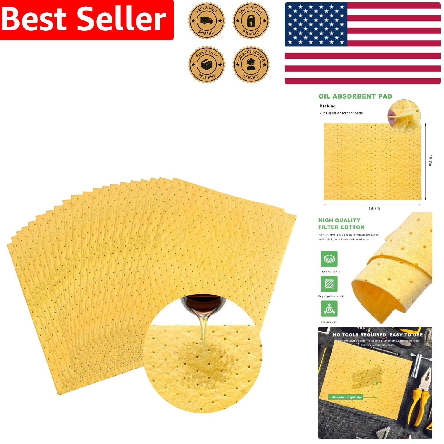 Versatile 20-Inch x 15-Inch Oil Absorbent Mat - 20 PCS for All Fluid Spills