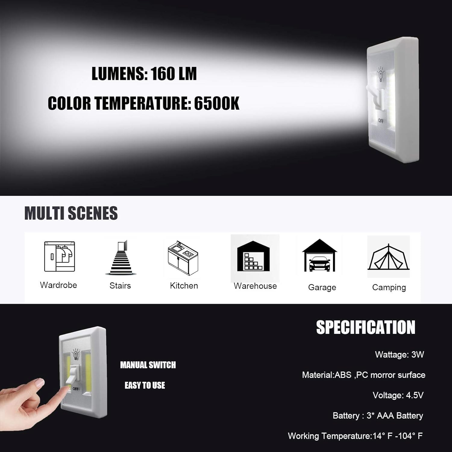 LED Night Light, Battery Powered Light,Cordless COB Switch White