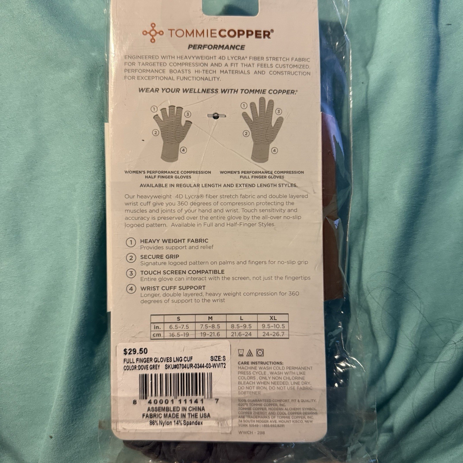 Tommie Copper Performance Finger Gloves Gray Compression Support Grip Small