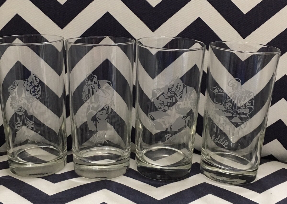 Set of 4 Camel Cigarettes Advertising 4 Etched Tumbler Glasses Floyd  Eddie Max