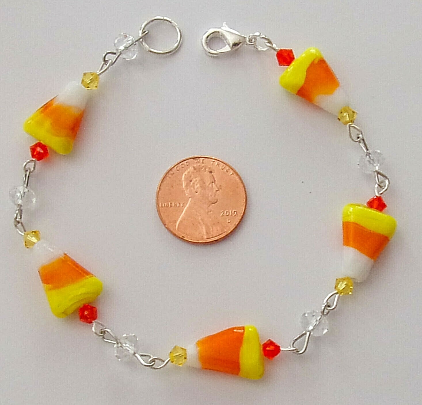 HALLOWEEN/FALL/AUTUMN BRACELET-CANDY CORN- LAMPWORK/CRYSTAL-HANDCRAFTED-#805