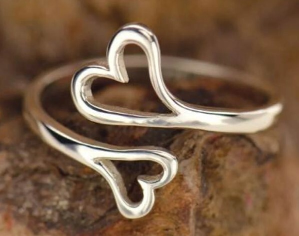 Valentine Day Gift for Ladies Double Heart Love Toe Ring Solid Metal 925 Silver