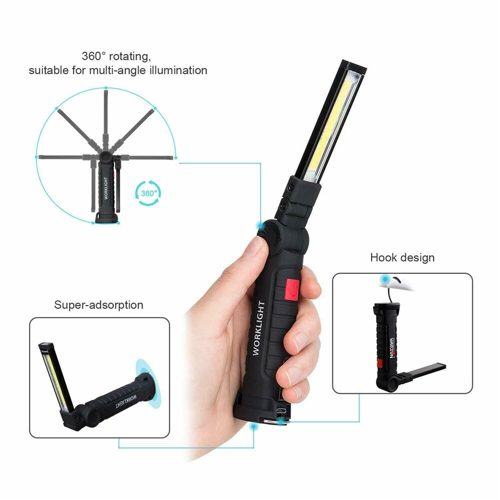 2Sets USB Rechargeable COB LED Work Light Lamp Inspect Folding Torch Flashlight