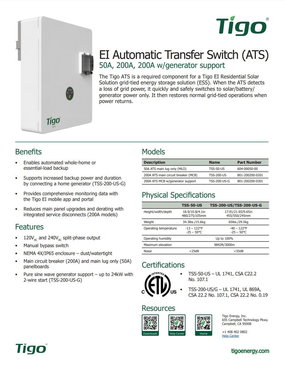 Tigo TSS-200-US Automatic Transfer Switch ATS 200A