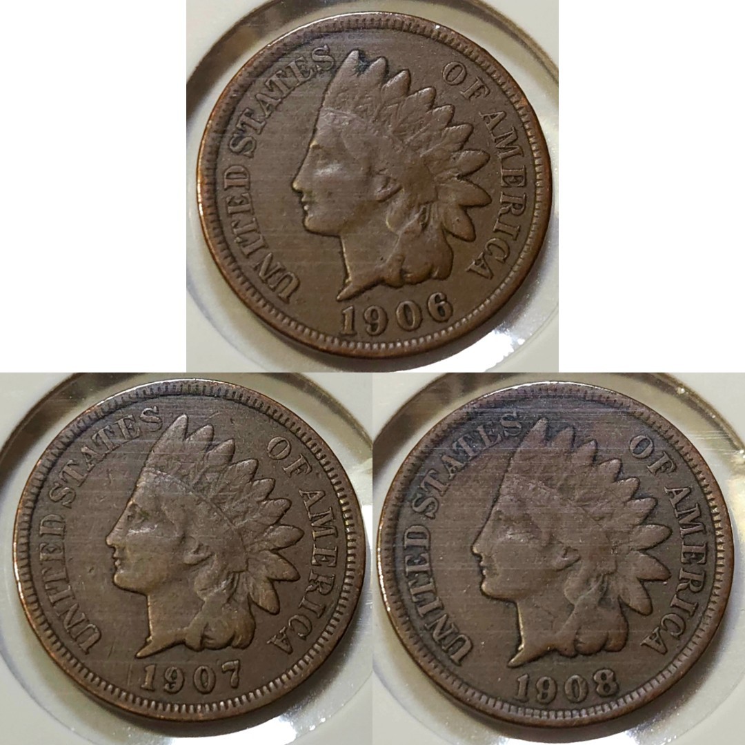 Lot of (3) Indian Head Cents: 1906, 1907, 1908 - F