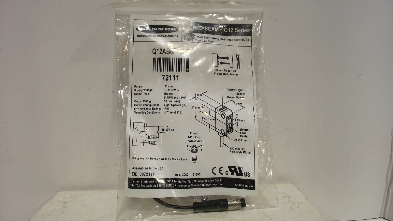 Banner Q12AB6FF30Q Fixed Field Sensor 10-30VDC 72111-New In Box