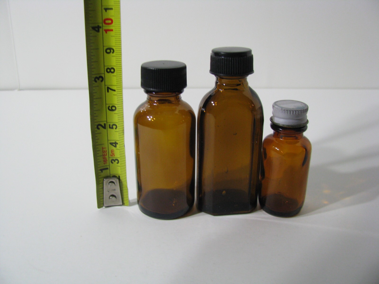 3pc Lot Set Brown Glass Bottle Jar Containers w/ Plastic & Metal Lids Small Mini