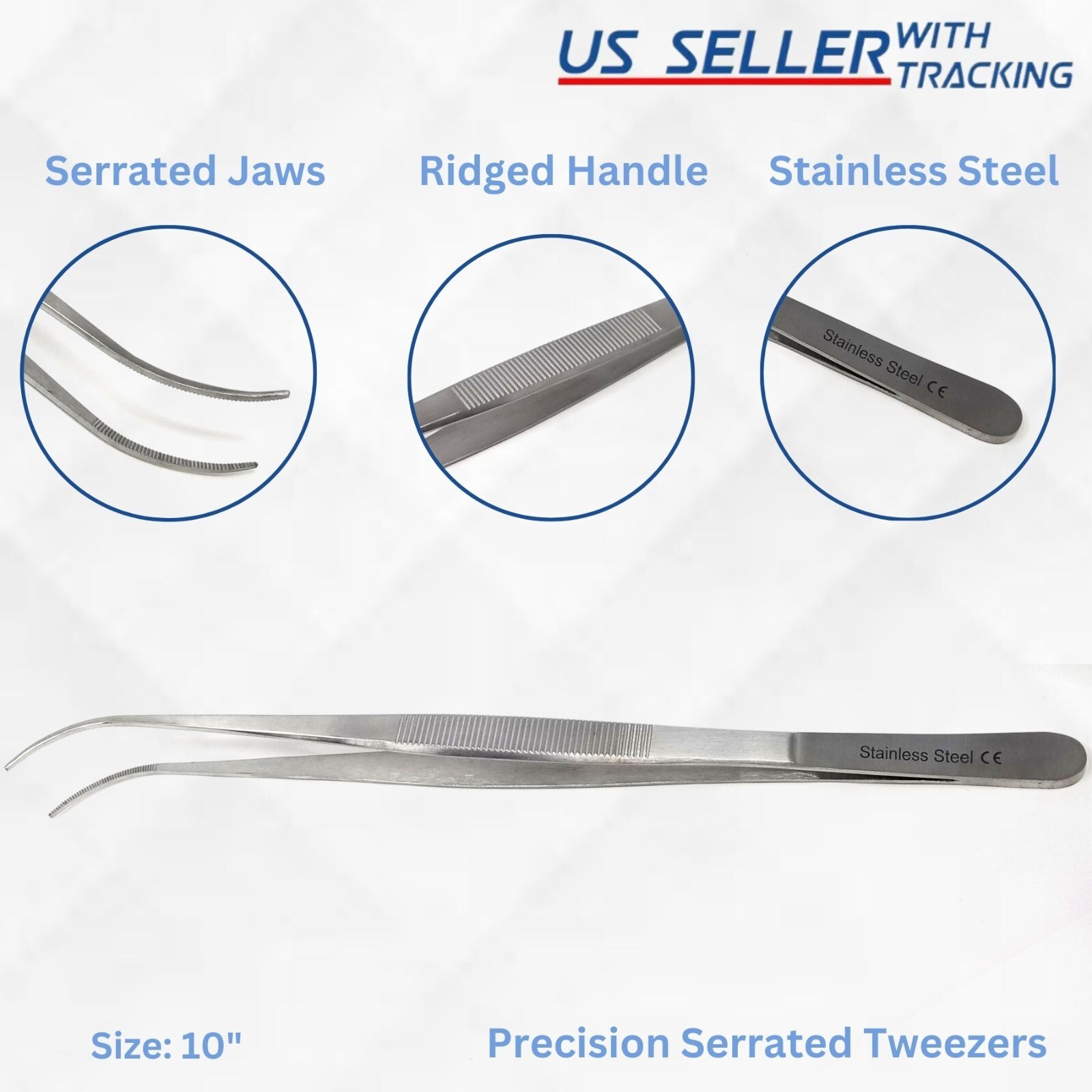10" Curved Lab Tweezers with Fine Precision Serrated Points, Stainless Steel