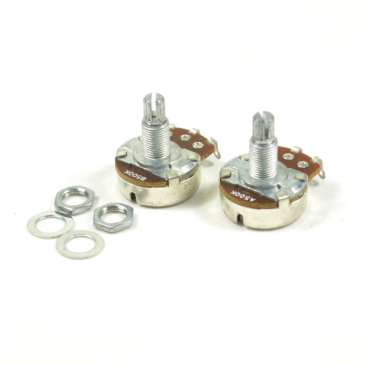 A pair of 500K A&B Control Pots Split Shaft Potentiometer 18mm Shaft Full Size