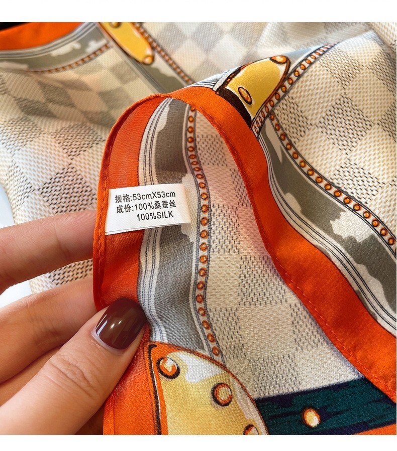 100% Silk Scarf Women Vintage Small Bandana Orange Check Kerchief Turban 53*53cm