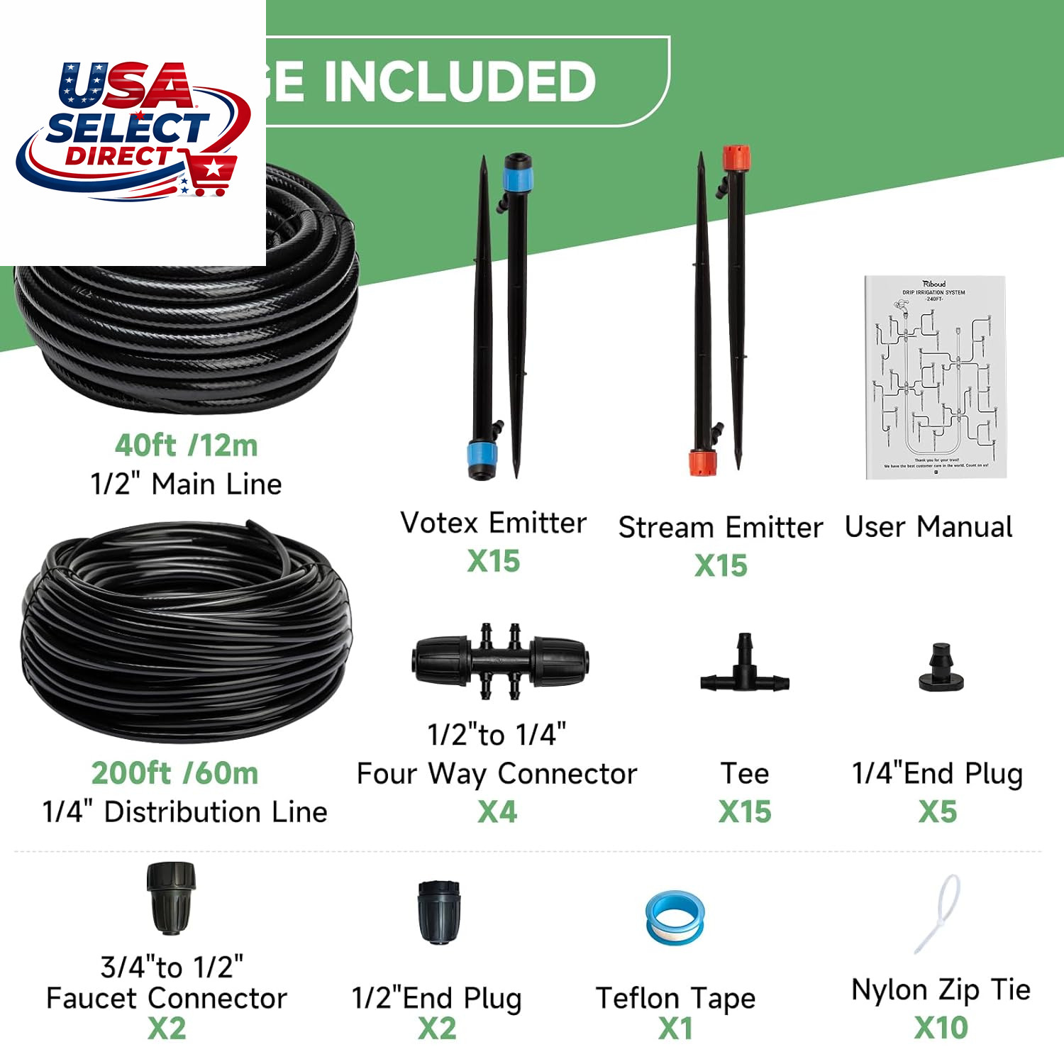 240FT Drip Irrigation System Kit for Garden, Greenhouse, Lawn
