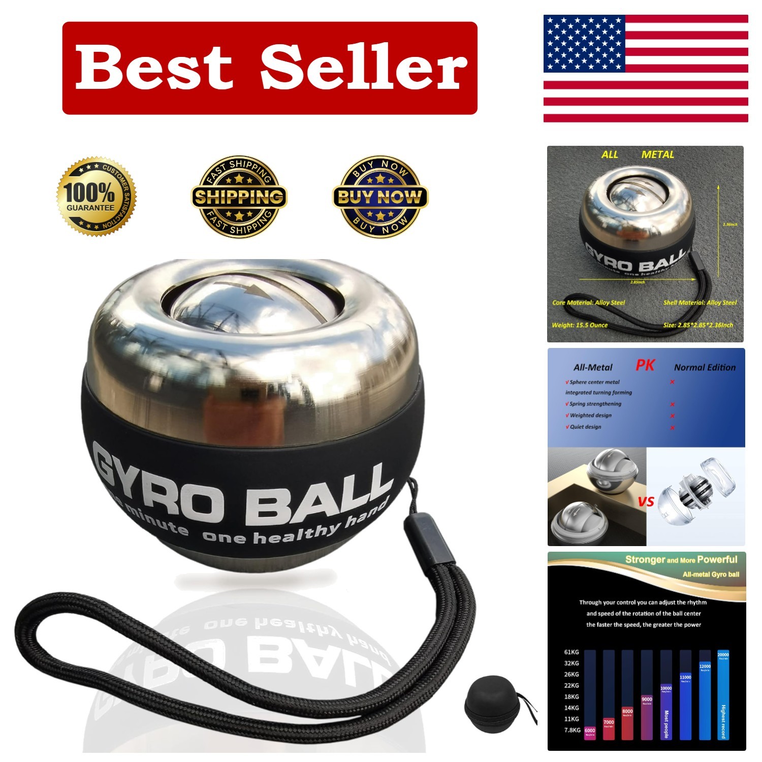 All-Metal Power Gyro Ball,Weighted Auto-Start Hand Wrist Forearm Trainer and