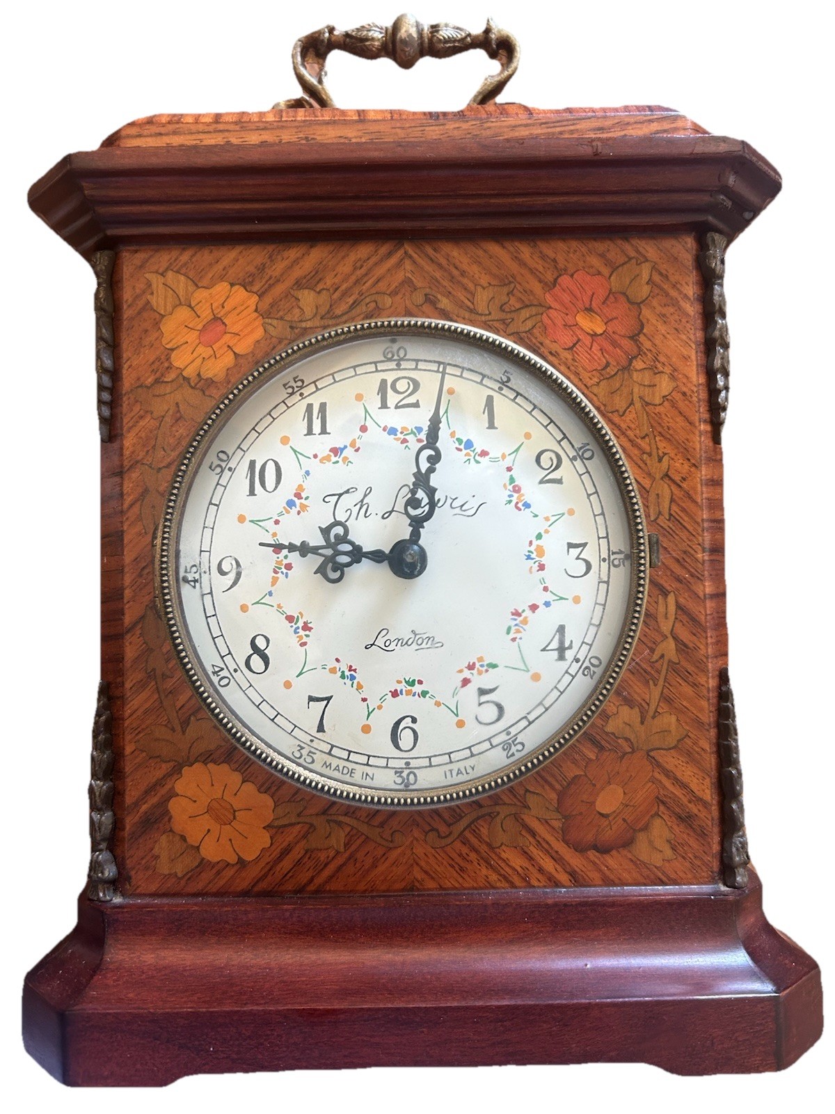 Vintage Made In Italy Wooden Wall Clock Floral Inlay Floral Marquetry WORKS Key