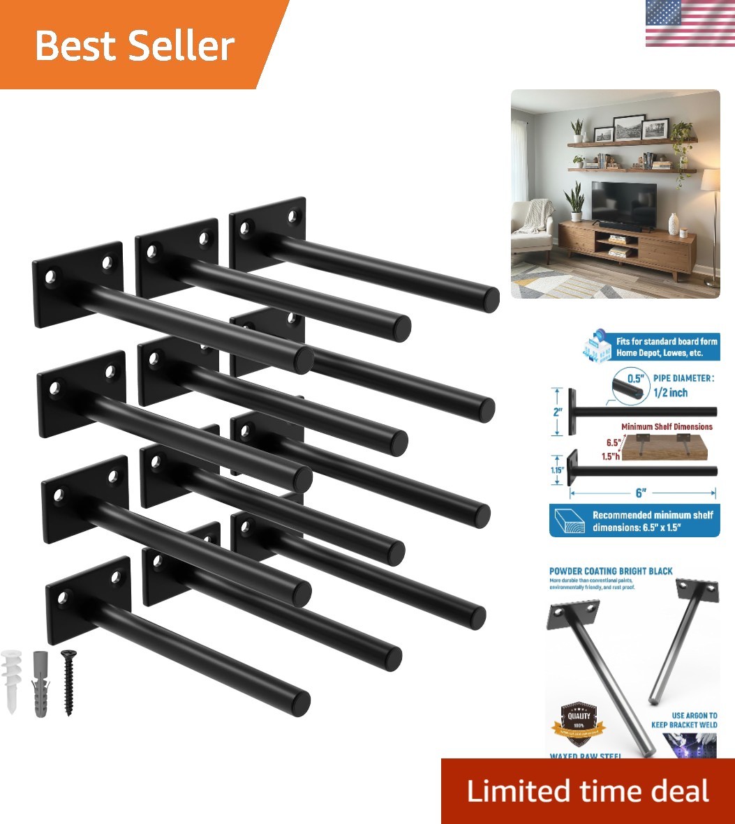 12-Pack 6-Inch Black Floating Shelf Brackets - Concealed Wall Mount Design
