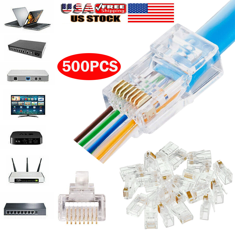 500 Pcs CAT6 RJ45 Pass Through Network Cable Modular Plug Connector Open End
