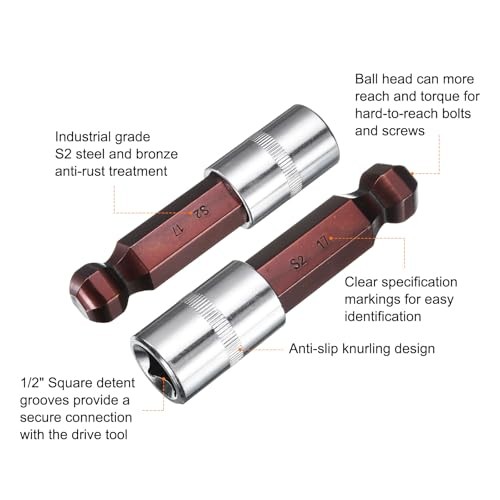2pcs Ball End Hex Bit Socket 1/2" Square Drive Metric Extension Impact 17mm