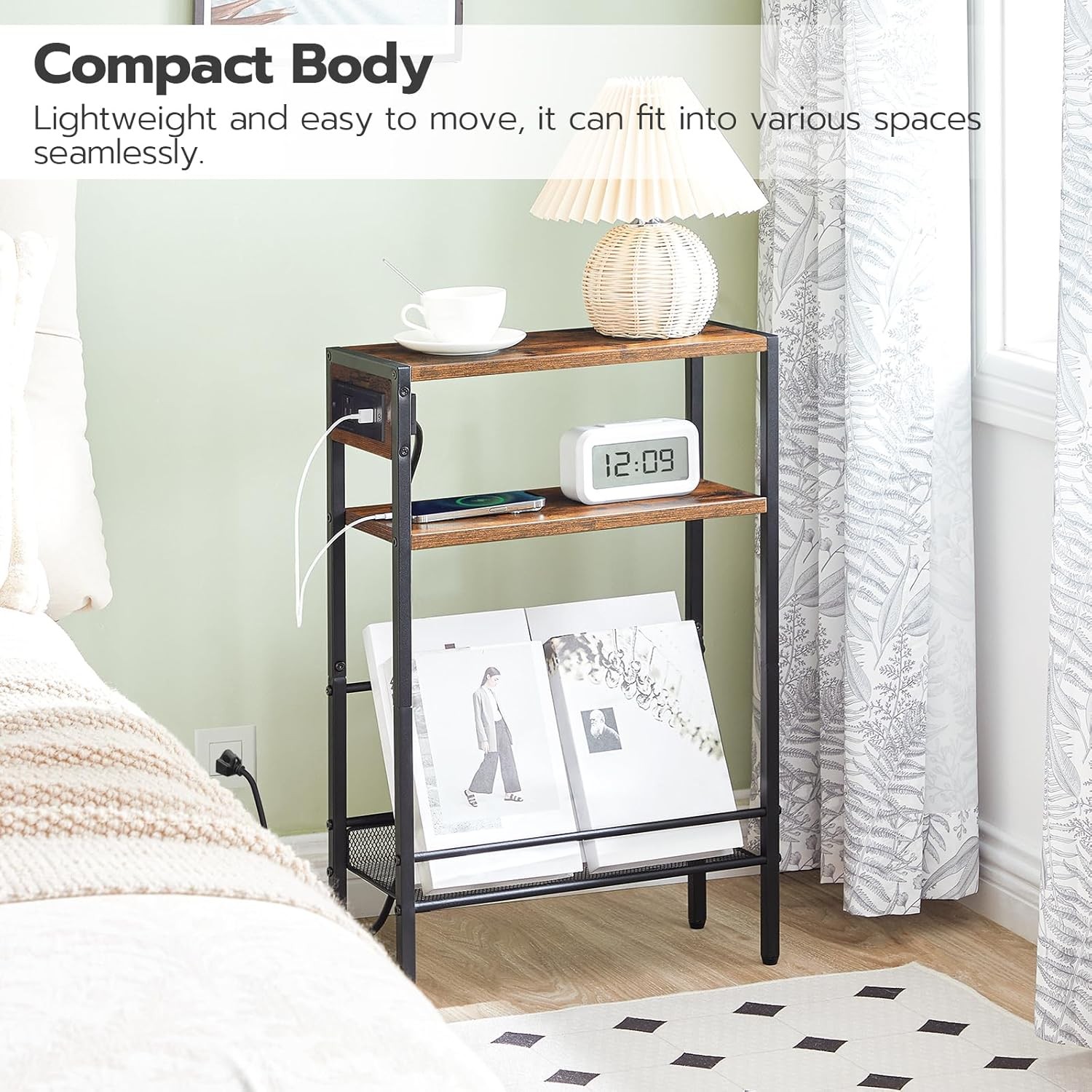 HOOBRO Small Narrow Side Table with Charging Station, Rustic Brown + Black