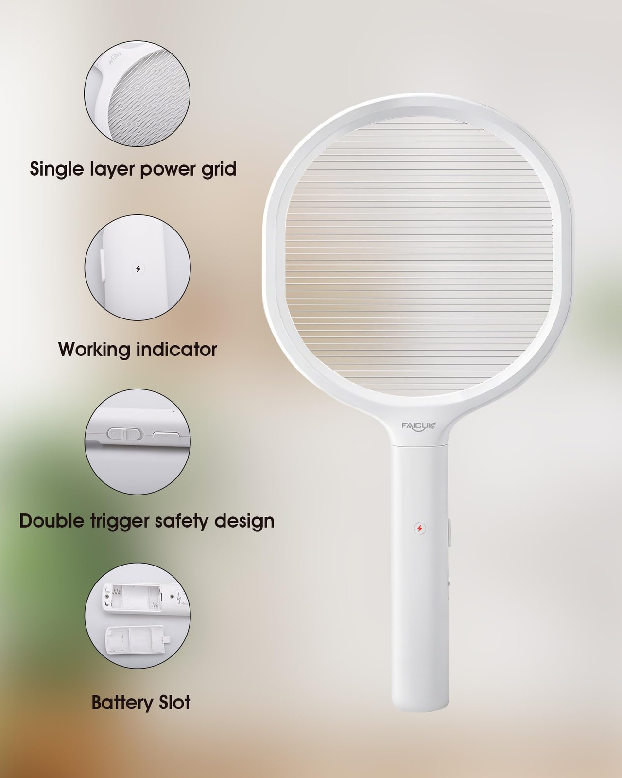 Faicuk Single Layer Grid Electric Fly Swatter High Efficiency Bug Zapper Racket