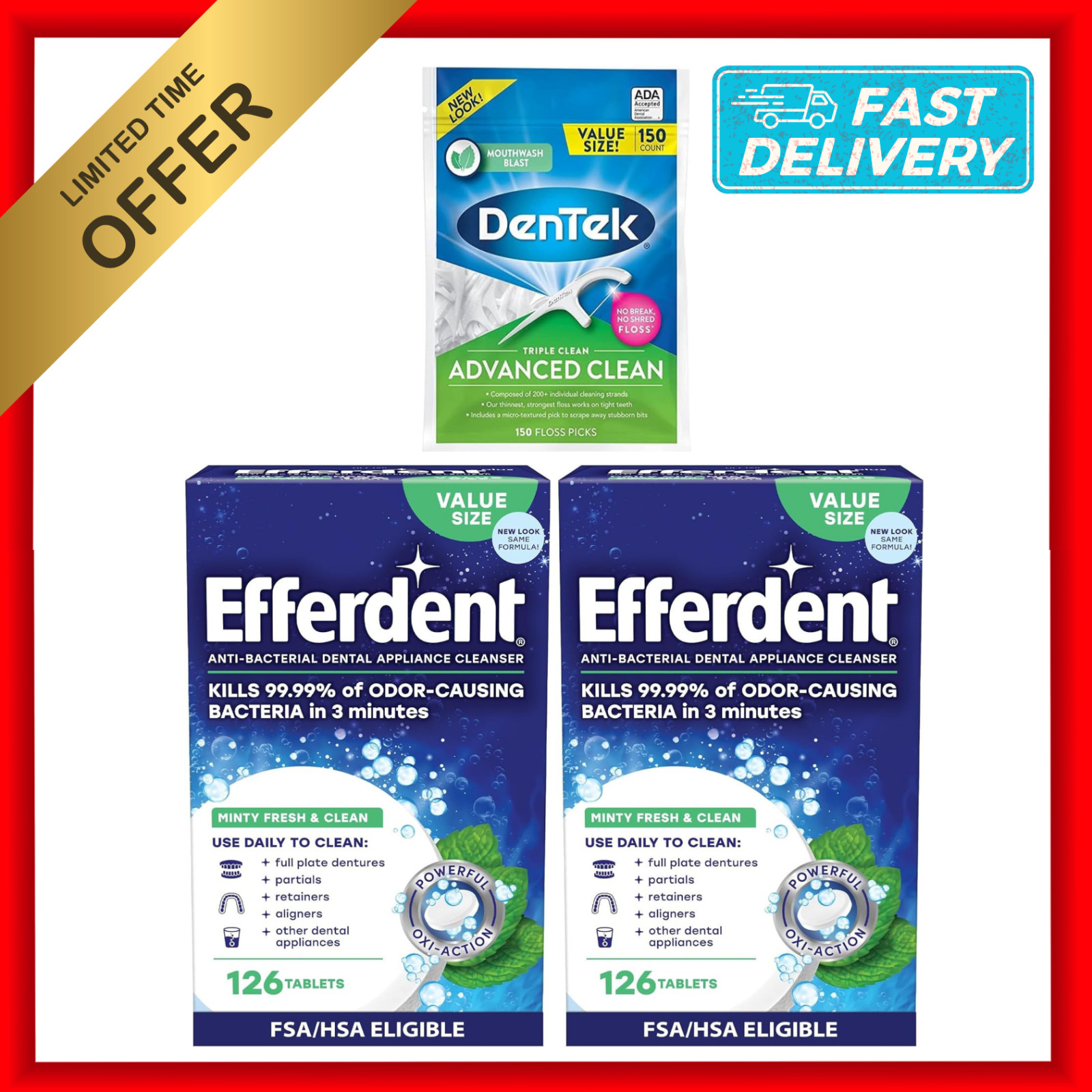 2 PACK 126ct Retainer Cleaning Tablets | Denture Cleanser Mint Efferdent