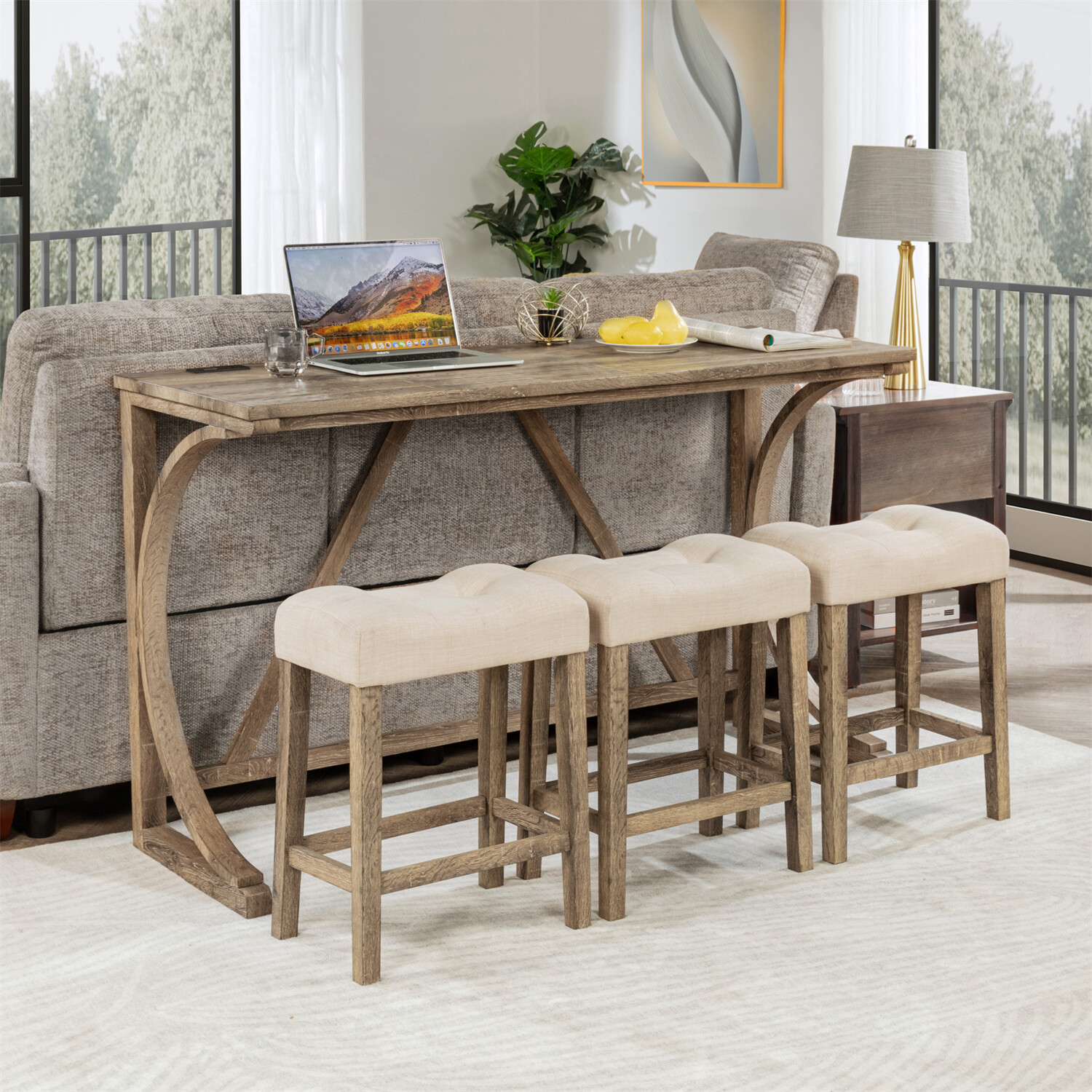 4 Piece Bar Table Set Counter Height Kitchen Dining Table w/ 3 Upholstered Stool