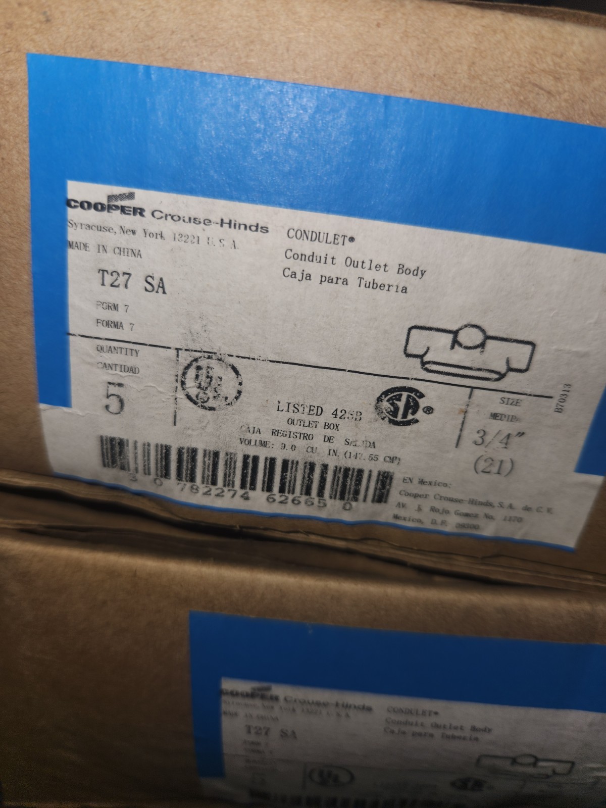 (Box of 5) T27 SA Eaton Crouse-Hinds 3/4" Form 7 Aluminum Conduit Outlet Body