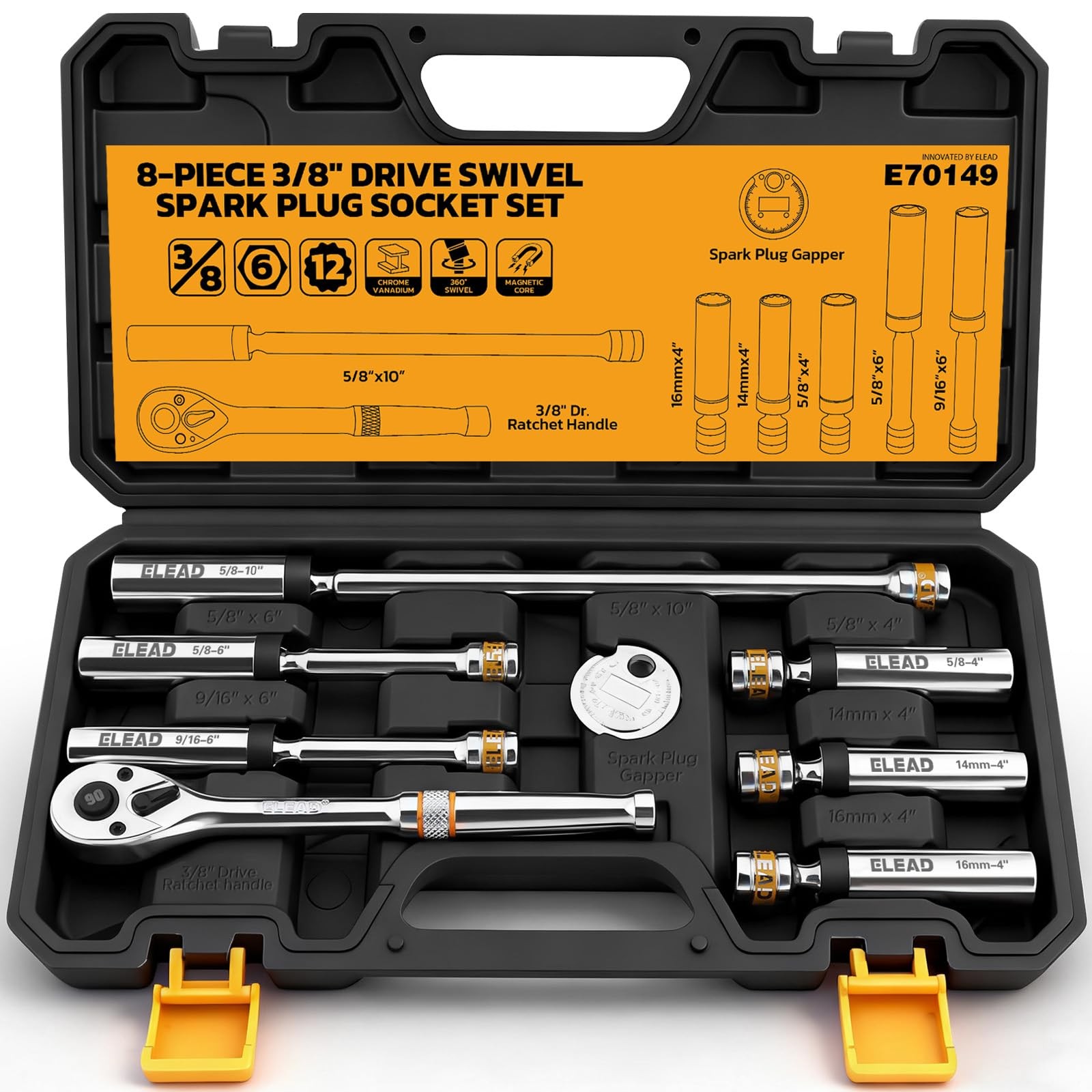 8-Piece 3/8" Drive Magnetic Swivel Spark Plug Socket Set, 5/8", 9/16", 14mm,16mm