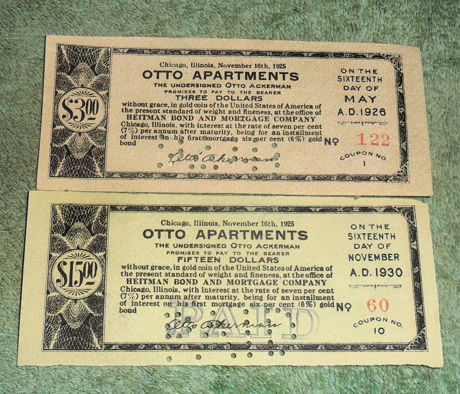 JB RFM 81297 Otto Apartments $3 and $15 Gold Bond Chicago 1926 & 1930 Payment C